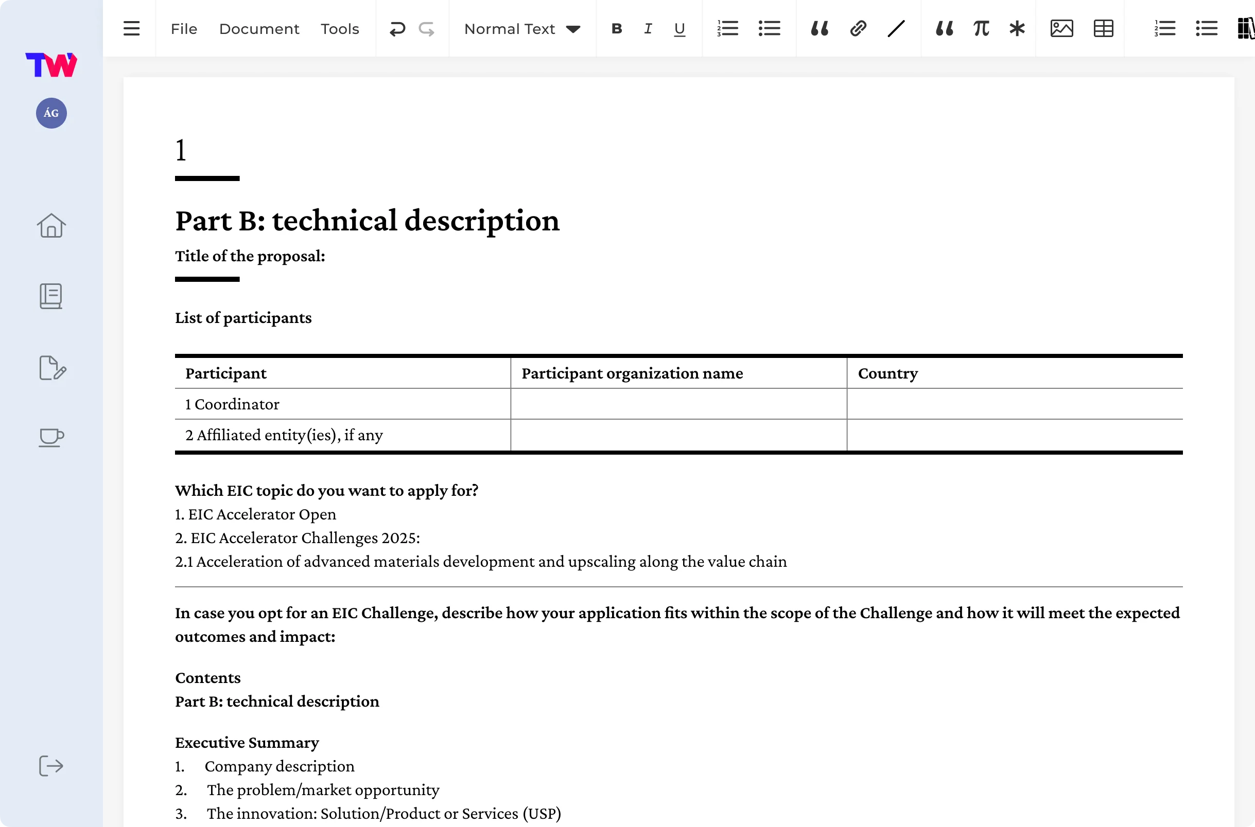The Typewiser editor with a Part B: technical description open, its toolbar and sidebar