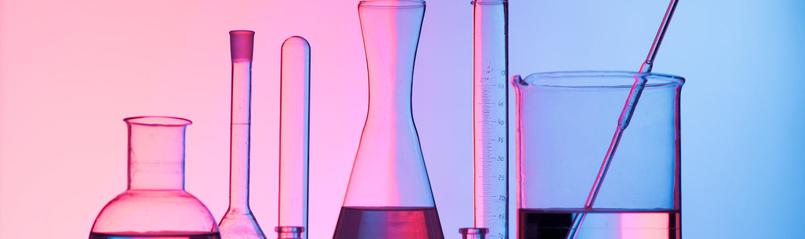 Light pink and light blue background, different types of transparent beakers, , AI scientific research