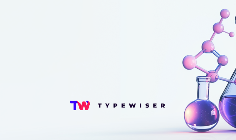 Purple and pink beakers, bubbles, light greyish blue background, Typewiser logo, AI scientific researc