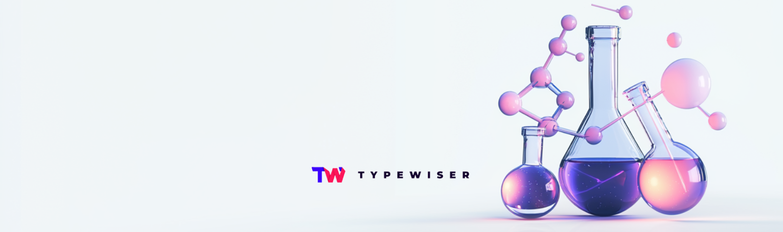 Purple and pink beakers, bubbles, light greyish blue background, Typewiser logo, AI scientific researc