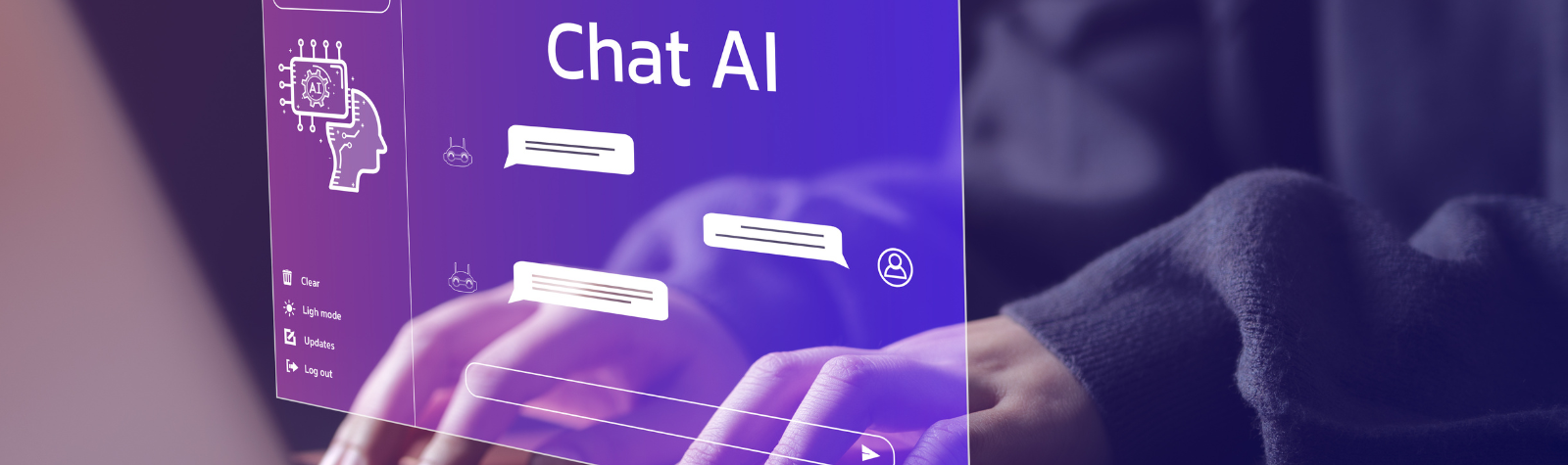 A screen with Chat AI written, hand typing, purple blue shade, Typewiser, AI business