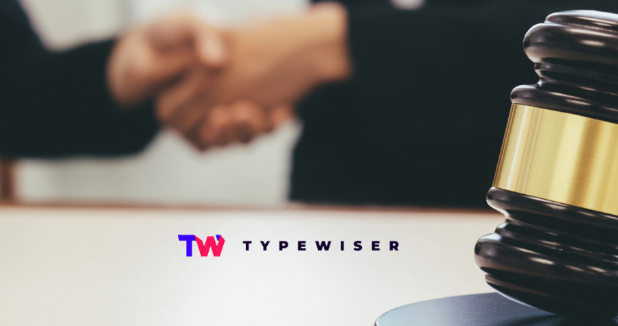 Men shaking hands, legal hammer, documents, legal AI, typewsier