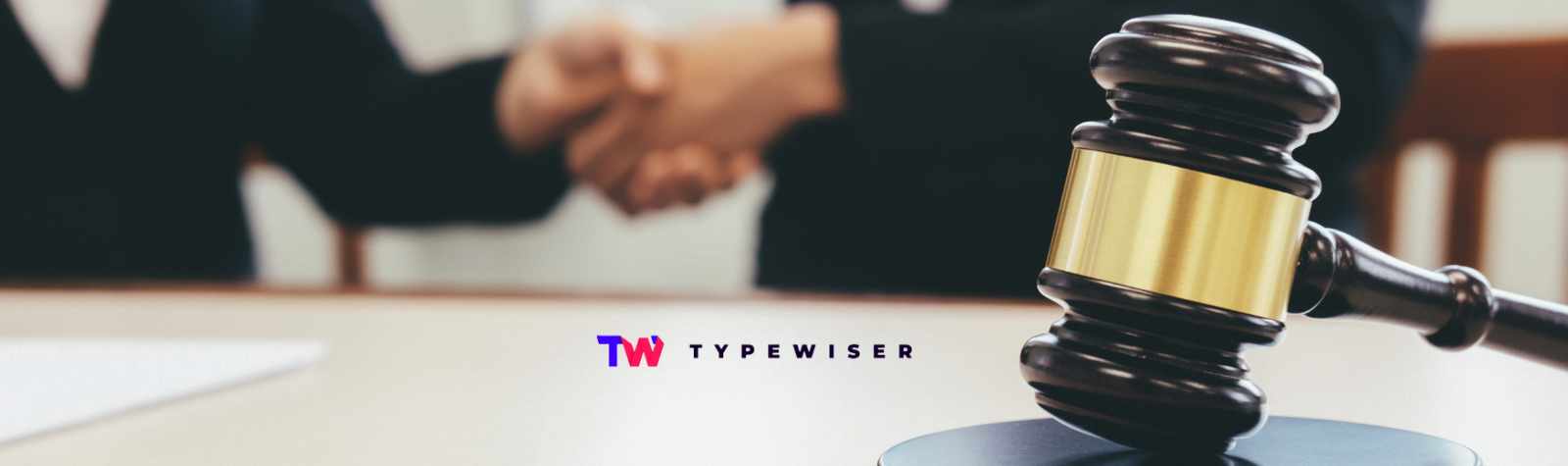 Men shaking hands, legal hammer, documents, legal AI, typewsier